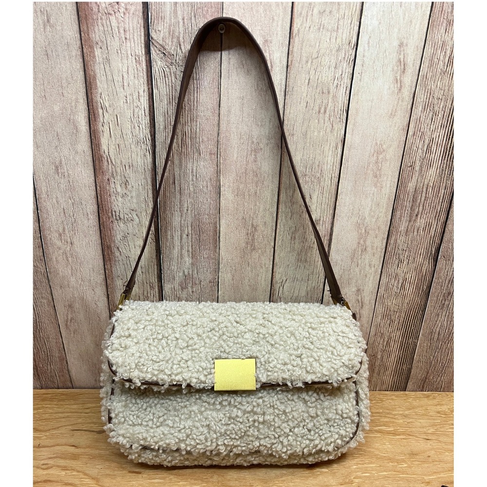 Zara Cream Off White Faux Shearling Boucle Sherpa Flap Shoulder Bag Brown Strap